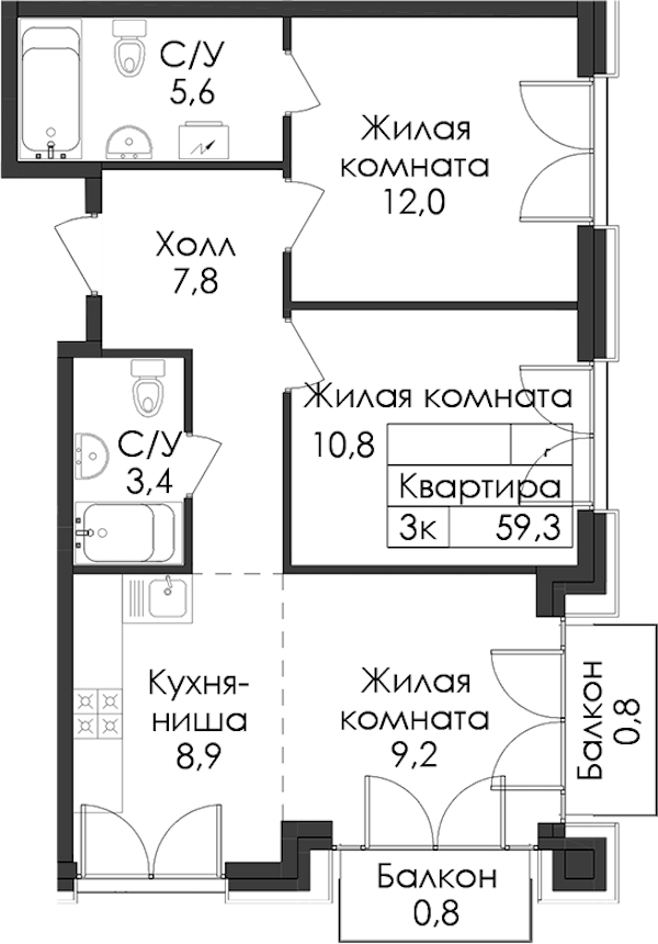 2-комнатная квартира 59.3 м², 3/7 эт., ЖК «Лермонтовский 54»